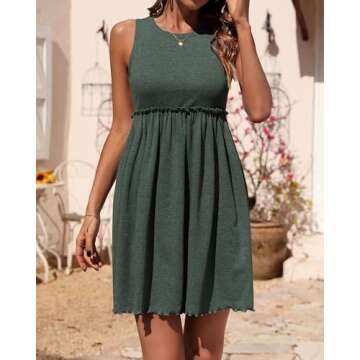 BTFBM Women Sleeveless Summer Dress 2024 Crewneck Ribbed Knit Ruffle Swing Button Down Beach Sun Mini Tank Short Dresses(Solid Army Green, Small)