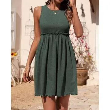 BTFBM Women Sleeveless Summer Dress 2024 Crewneck Ribbed Knit Ruffle Swing Button Down Beach Sun Mini Tank Short Dresses(Solid Army Green, Small)
