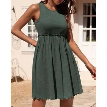 BTFBM Women Sleeveless Summer Dress 2024 Crewneck Ribbed Knit Ruffle Swing Button Down Beach Sun Mini Tank Short Dresses(Solid Army Green, Small)