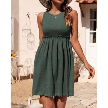 BTFBM Women Sleeveless Summer Dress 2024 Crewneck Ribbed Knit Ruffle Swing Button Down Beach Sun Mini Tank Short Dresses(Solid Army Green, Small)