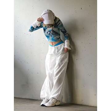 LQI Parachute Pants for Women Y2K Baggy Cargo Pants Drawstring Trousers Low Rise Loose Jogger Sweatpants White