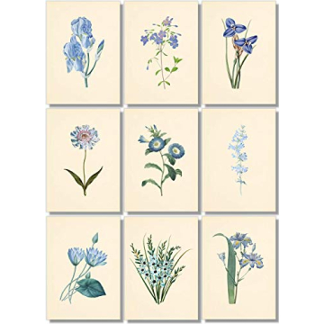 Blue Flower Wall Art - Vintage Floral Wall Decor - Botanical Prints - Unframed (5x7, Cream Backgroun...