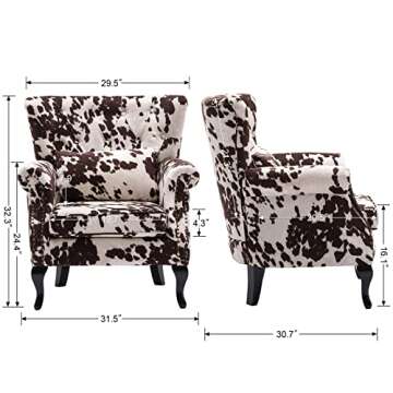 DM Furniture Set of 2 Mid-Century Modern Accent Chair, Velvet Armchair w/Tufted Back/Wood Legs, Upholstered Lounge Arm Chair Single Sofa for Living Room Bedroom, Cow Print