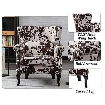 DM Furniture Set of 2 Mid-Century Modern Accent Chair, Velvet Armchair w/Tufted Back/Wood Legs, Upholstered Lounge Arm Chair Single Sofa for Living Room Bedroom, Cow Print