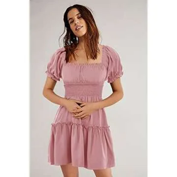 Heysolo Womens Boho Floral Smocked Square Neck Short Sleeve Ruffle Beach Summer Mini Dress