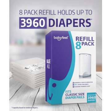 Babyfeel Refills Compatible with DEKOR CLASSIC Diaper Pails | 8 Pack | Exclusive 30% Extra Thickness | Diaper Pail Refills with Powerful Odor Elimination | Powder Scent | Holds up to 3960 Diapers
