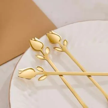 SGVRPVZ Gold Tulip/Rose Handle Tea Spoons 6-Pcs Set - 6" Stainless Steel for Mini Coffee Spoons, Espresso, Dessert - Ideal for Demitasse & Small Servings