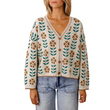 Saodimallsu Womens Floral Print V Neck Cardigan Open Front Button Down Knit Sweater Long Sleeve Loos...