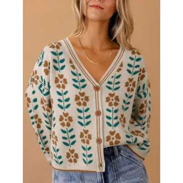 Saodimallsu Womens Floral Print V Neck Cardigan Open Front Button Down Knit Sweater Long Sleeve Loose Fashion Tops Off-White