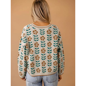 Saodimallsu Womens Floral Print V Neck Cardigan Open Front Button Down Knit Sweater Long Sleeve Loose Fashion Tops Off-White