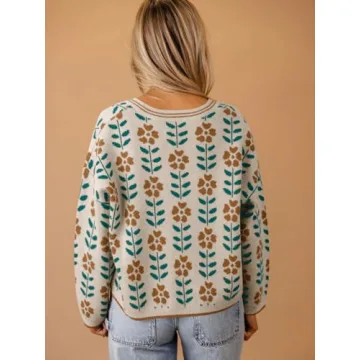 Saodimallsu Womens Floral Print V Neck Cardigan Open Front Button Down Knit Sweater Long Sleeve Loose Fashion Tops Off-White