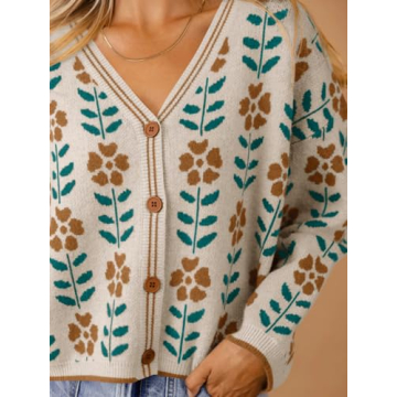 Saodimallsu Womens Floral Print V Neck Cardigan Open Front Button Down Knit Sweater Long Sleeve Loose Fashion Tops Off-White