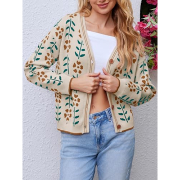 Saodimallsu Womens Floral Print V Neck Cardigan Open Front Button Down Knit Sweater Long Sleeve Loose Fashion Tops Off-White