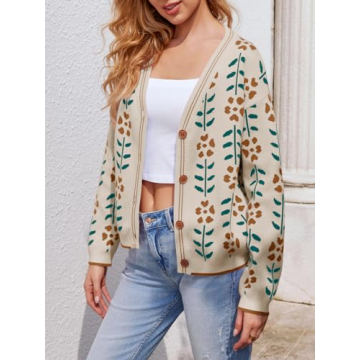 Saodimallsu Womens Floral Print V Neck Cardigan Open Front Button Down Knit Sweater Long Sleeve Loose Fashion Tops Off-White
