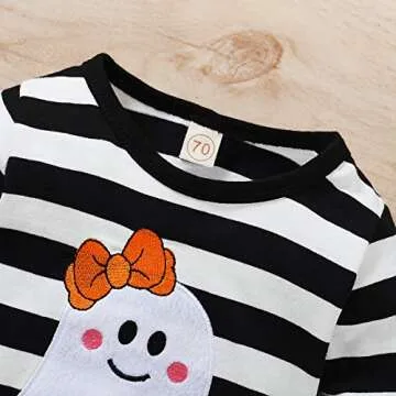 YOUNGER TREE Infant Baby Girls Boys Fall Outfit Pumpkin One Piece Romper Halloween Smocked Bodysuit Clothes 0-24 M(Ghost&stripe，0-6 Months)