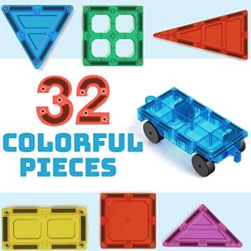 Magnet Build 32-Piece Extra Strong Magnetic Tiles Set - Magnets for Kids, 3D Tile Assorted Shapes & ...
