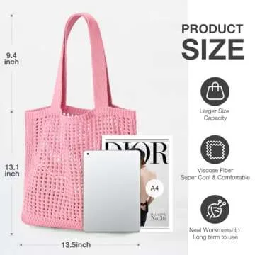 KPX Crochet Tote Bag, Beach Mesh Knitted Bag Large Aesthetic Shoulder Bag Handbags Hollow Hobo Bag for Women Summer (Pink, Style W)