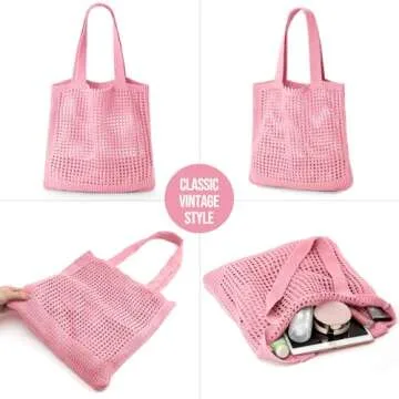 KPX Crochet Tote Bag, Beach Mesh Knitted Bag Large Aesthetic Shoulder Bag Handbags Hollow Hobo Bag for Women Summer (Pink, Style W)