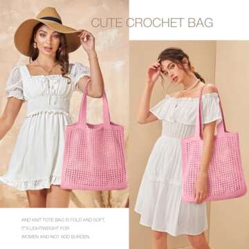KPX Crochet Tote Bag, Beach Mesh Knitted Bag Large Aesthetic Shoulder Bag Handbags Hollow Hobo Bag for Women Summer (Pink, Style W)