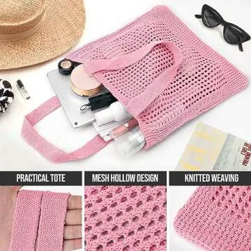KPX Crochet Tote Bag, Beach Mesh Knitted Bag Large Aesthetic Shoulder Bag Handbags Hollow Hobo Bag for Women Summer (Pink, Style W)
