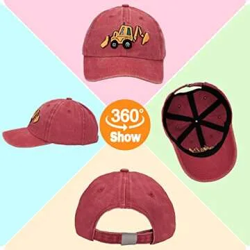 Cute Excavator Embroidery Kids Baseball Cap Washed Distressed Sun Hat Adjustable for Boys Girls Age 3-8