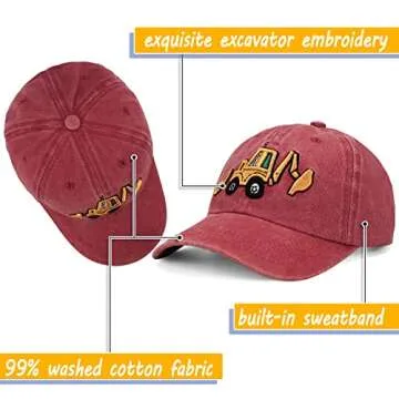 Cute Excavator Embroidery Kids Baseball Cap Washed Distressed Sun Hat Adjustable for Boys Girls Age 3-8
