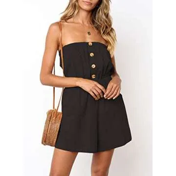 ZESICA Women's Summer Off Shoulder Strapless Solid Color Button Down Elastic Waist Short Jumpsuit Romper