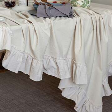 Glory Season Retro Farmhouse Ruffle Tablecloth Cotton Flounces Trim Washable Table Cover Tablecloths for Rectangle Table Baby Shower Kitchen Party Wedding Decor,White, 60''x102''