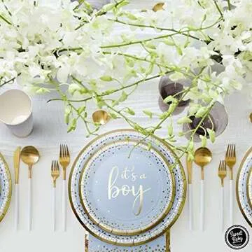 Sweet Baby Co. Oh Baby Boy Shower Plates and Napkins Boy Decorations for 24 with Its a Boy Paper Plate, Napkin, Cups Babyshower Tableware Set Gender Reveal Party Supplies Birthday (Light Blue, Gold)