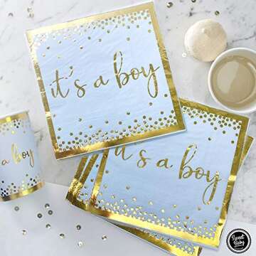 Sweet Baby Co. Oh Baby Boy Shower Plates and Napkins Boy Decorations for 24 with Its a Boy Paper Plate, Napkin, Cups Babyshower Tableware Set Gender Reveal Party Supplies Birthday (Light Blue, Gold)