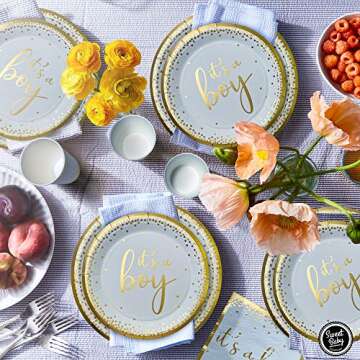Sweet Baby Co. Oh Baby Boy Shower Plates and Napkins Boy Decorations for 24 with Its a Boy Paper Plate, Napkin, Cups Babyshower Tableware Set Gender Reveal Party Supplies Birthday (Light Blue, Gold)