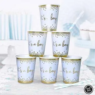 Sweet Baby Co. Oh Baby Boy Shower Plates and Napkins Boy Decorations for 24 with Its a Boy Paper Plate, Napkin, Cups Babyshower Tableware Set Gender Reveal Party Supplies Birthday (Light Blue, Gold)