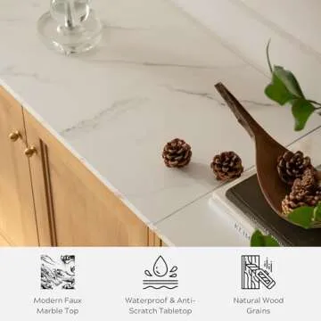 EYYTHUNG Storage Cabinet Set of 2, Sideboard Buffet Cabinet Modern Accent Cabinet with Faux Marble Top & Adjustable Shelves, Credenza, Console Table Entryway Cabinet for Living Room, Oak