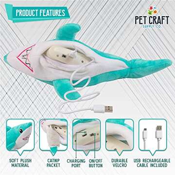 Pet Craft Supply Wiggle Pickle and Shimmy Shark Flipper Flopper Interactive Electric Realistic Flopping Wiggling Moving Fish Potent Catnip and Silvervine Cat Toy, Multi (8726), All Breed Sizes