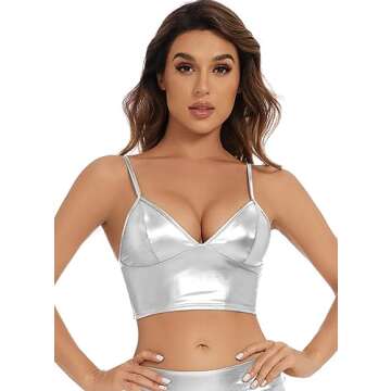 Gatielzana Women's Metallic Crop Tops Shiny V-Neck Tube Bra for Dancing, Raves, Festivals, Costumes,...
