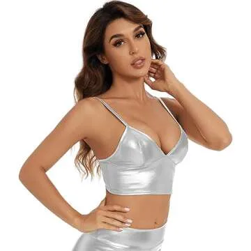 Gatielzana Women's Shiny Metallic V-Neck Tube Crop Top