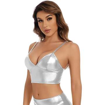 Gatielzana Women's Shiny Metallic V-Neck Tube Crop Top