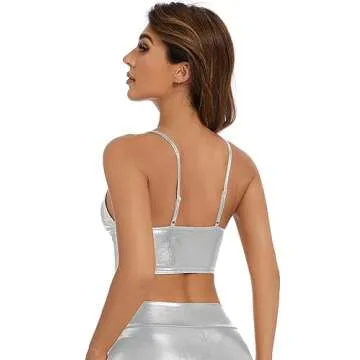 Gatielzana Women's Shiny Metallic V-Neck Tube Crop Top