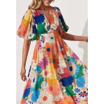 Maxigerui Women's Boho Floral Print Midi Dress Summer Long Dress Orange Multi Floral S