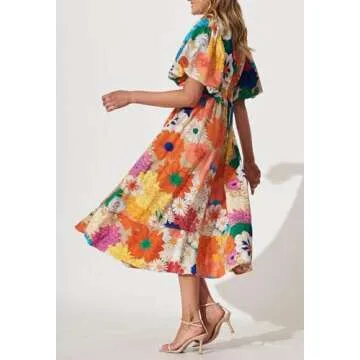 Maxigerui Women's Boho Floral Print Midi Dress Summer Long Dress Orange Multi Floral S