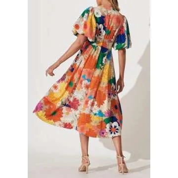 Maxigerui Women's Boho Floral Print Midi Dress Summer Long Dress Orange Multi Floral S