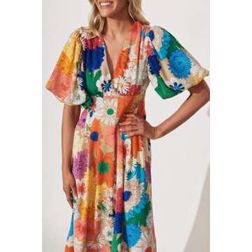 Maxigerui Women's Boho Floral Print Midi Dress Summer Long Dress Orange Multi Floral S