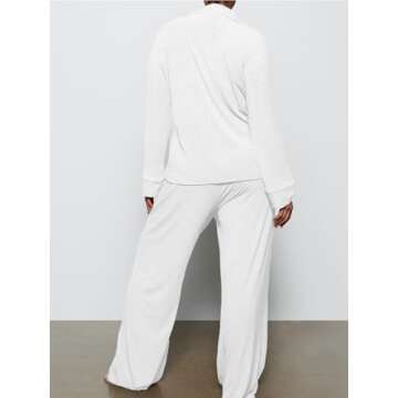 AnotherChill Women's Pajamas Set Long Sleeve Button Down Ribbed Knit 2 Piece Sleep Sets Loungewear Soft Pjs (White, Medium)