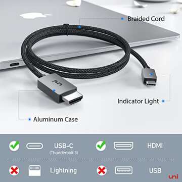 uni USB C to HDMI Cable 3FT 4K@30Hz, USB Type C to HDMI Cable for Home Office, [Thunderbolt 3/4 Compatible] with MacBook Pro/Air, iPhone 15 Pro/Max, Galaxy S8-S23, Surface Book 2, XPS, Chromebook