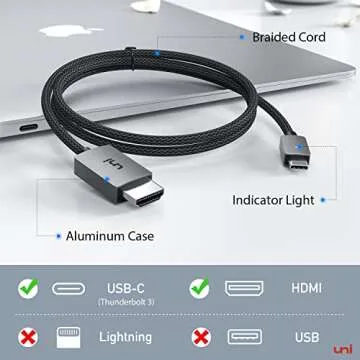 uni USB C to HDMI Cable 3FT 4K@30Hz, USB Type C to HDMI Cable for Home Office, [Thunderbolt 3/4 Compatible] with MacBook Pro/Air, iPhone 15 Pro/Max, Galaxy S8-S23, Surface Book 2, XPS, Chromebook