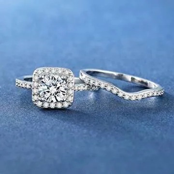 MDFUN 18K White Gold Plated Cubic Zirconia Two-In-One Halo Wedding Engagement Promise Eternity Ring for Women Size 4.5