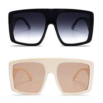 VANLINKER Oversized Square Sunglasses Big Flat Top baddie Shades 2 Pack Black+Beige