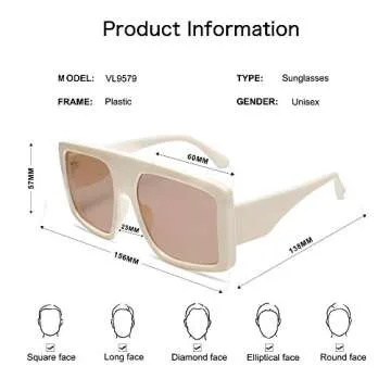 VANLINKER Oversized Square Sunglasses Big Flat Top baddie Shades 2 Pack Black+Beige