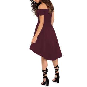 Sarin Mathews Women Off The Shoulder Short Sleeve High Low Cocktail Skater Dress Burgundy S