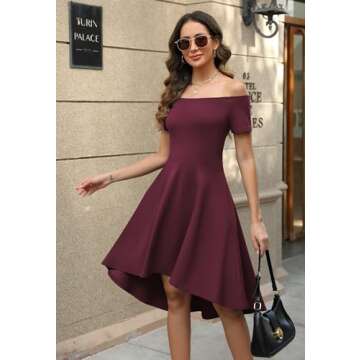 Sarin Mathews Women Off The Shoulder Short Sleeve High Low Cocktail Skater Dress Burgundy S